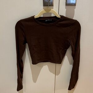 Zara Brown Long Sleeve Crop Top
